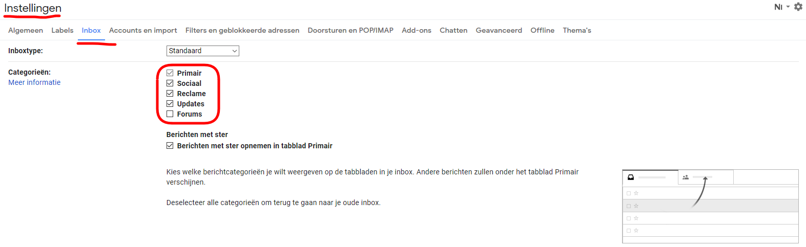 Gmail instellingen inbox categorieën aanzetten